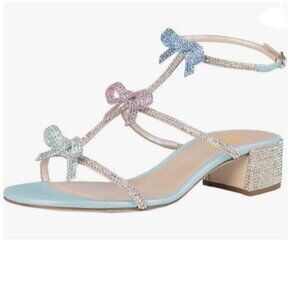 XYD Blue Multi Rhinestone Crystals Chunky Heels Open Toe Sandals Bowknots Shoes